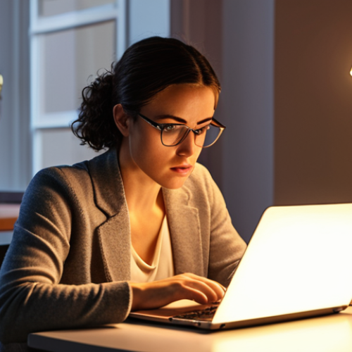 **A determined woman in her 30s sits at a modern desk, illuminated by the soft glow of a laptop screen. She's surrounded by books and online course materials, her brow furrowed in concentration as she learns to code. The scene conveys a sense of ambition, career change, and the pursuit of new skills. A motivational poster about "Never Stop Learning" is subtly visible in the background. Style: Realistic, warm lighting.**
