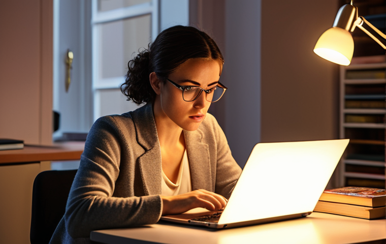 **A determined woman in her 30s sits at a modern desk, illuminated by the soft glow of a laptop screen. She's surrounded by books and online course materials, her brow furrowed in concentration as she learns to code. The scene conveys a sense of ambition, career change, and the pursuit of new skills. A motivational poster about "Never Stop Learning" is subtly visible in the background. Style: Realistic, warm lighting.**
