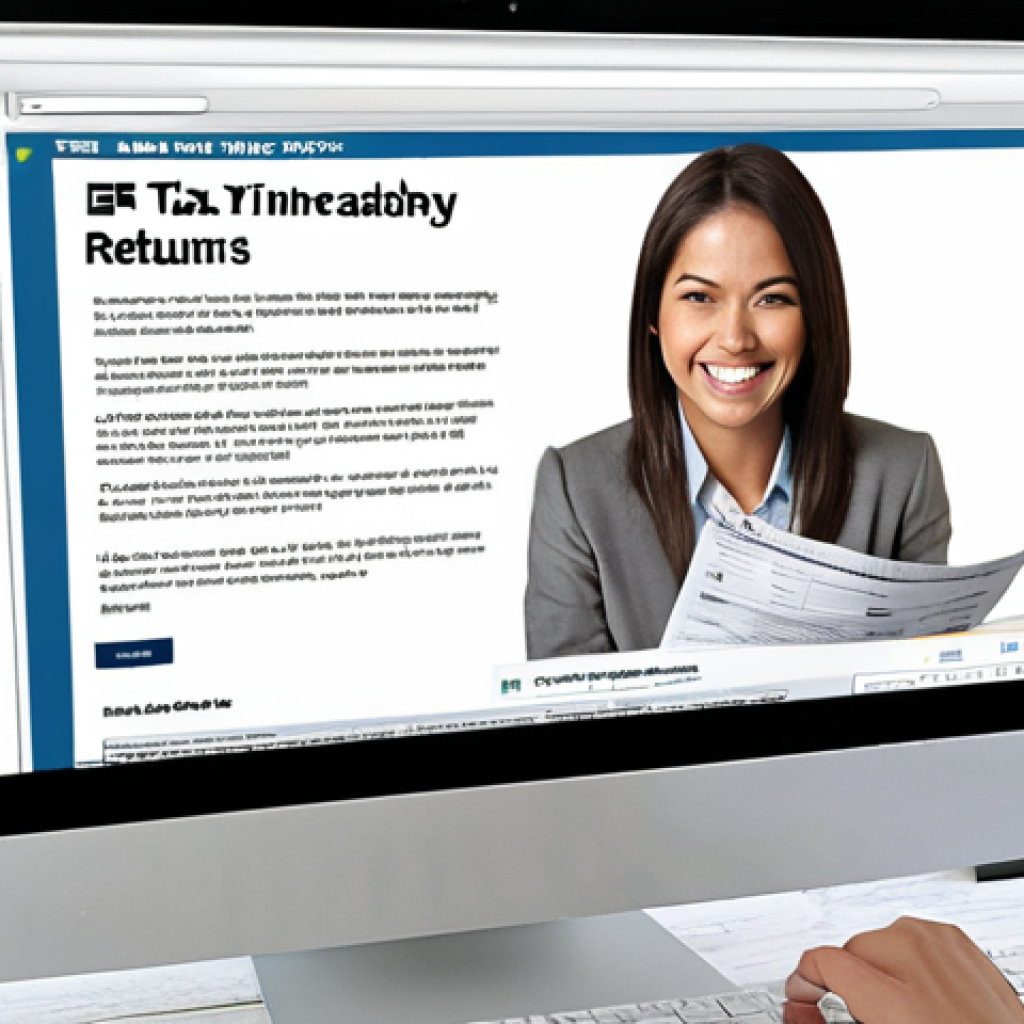 A modern e-administration portal on a computer screen, showing online tax filing. A smiling woman is easily completing her tax return. Focus on ease of use and efficiency. "E-Tax Filing in Minutes" headline.