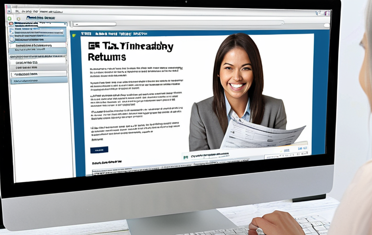 A modern e-administration portal on a computer screen, showing online tax filing. A smiling woman is easily completing her tax return. Focus on ease of use and efficiency. "E-Tax Filing in Minutes" headline.