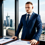 정책분석사와 데이터 품질 관리 - "A professional Polish lawyer in a modern office, wearing a tailored business suit, analyzing legal ...