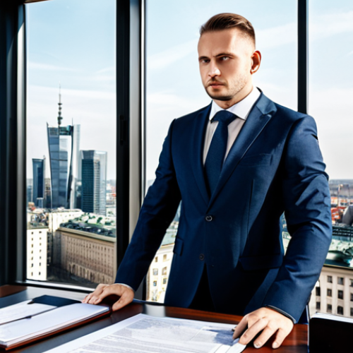 Home 18 정책분석사와 데이터 품질 관리 - "A professional Polish lawyer in a modern office, wearing a tailored business suit, analyzing legal ...