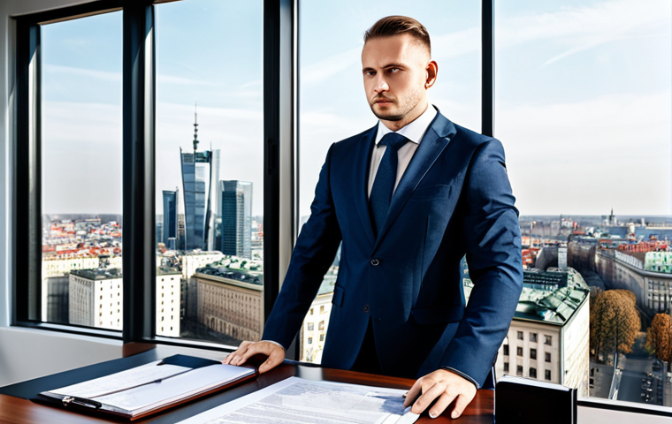 정책분석사와 데이터 품질 관리 - "A professional Polish lawyer in a modern office, wearing a tailored business suit, analyzing legal ...